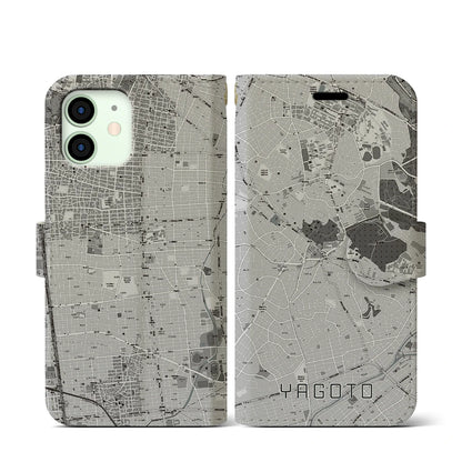 【八事（愛知県）】地図柄iPhoneケース（手帳タイプ）モノトーン・iPhone 12 mini 用