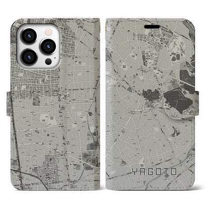 【八事（愛知県）】地図柄iPhoneケース（手帳タイプ）モノトーン・iPhone 13 Pro 用