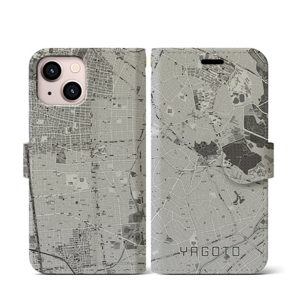 【八事（愛知県）】地図柄iPhoneケース（手帳タイプ）モノトーン・iPhone 13 mini 用