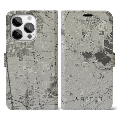 【八事（愛知県）】地図柄iPhoneケース（手帳タイプ）モノトーン・iPhone 14 Pro 用