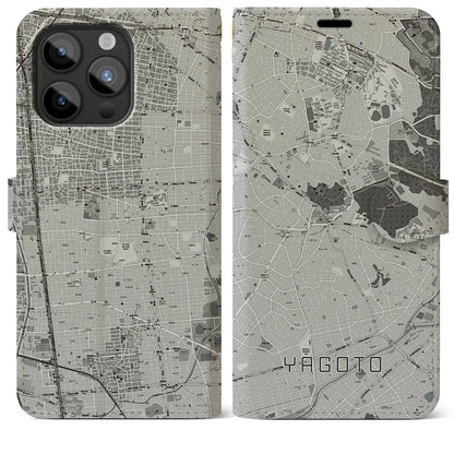 【八事（愛知県）】地図柄iPhoneケース（手帳タイプ）モノトーン・iPhone 15 Pro Max 用