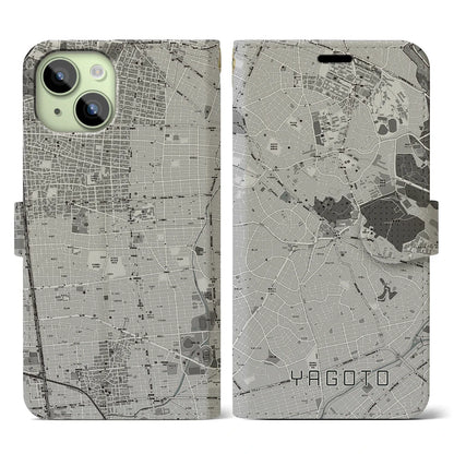 【八事（愛知県）】地図柄iPhoneケース（手帳タイプ）モノトーン・iPhone 15 用