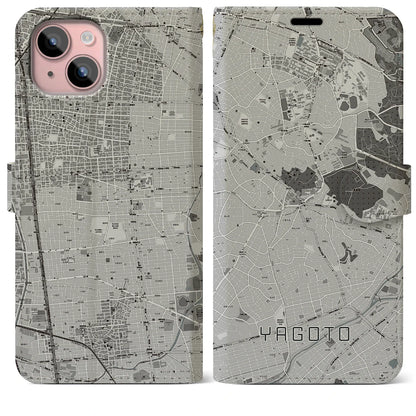 【八事（愛知県）】地図柄iPhoneケース（手帳タイプ）モノトーン・iPhone 15 Plus 用