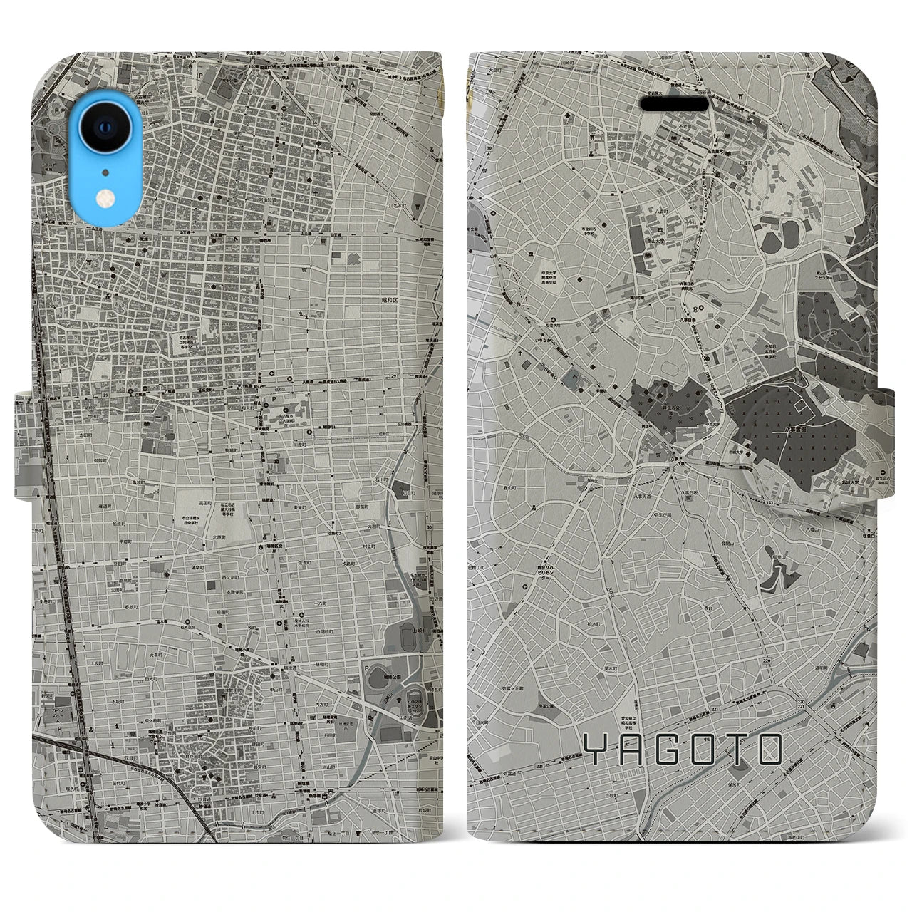 【八事】地図柄iPhoneケース（手帳両面タイプ・モノトーン）iPhone XR 用