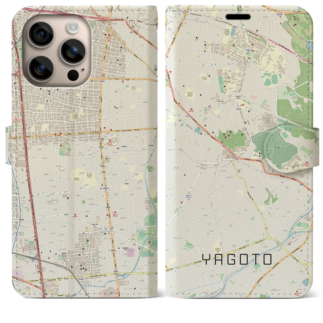 【八事（愛知県）】地図柄iPhoneケース（手帳タイプ）ナチュラル・iPhone 16 Plus 用