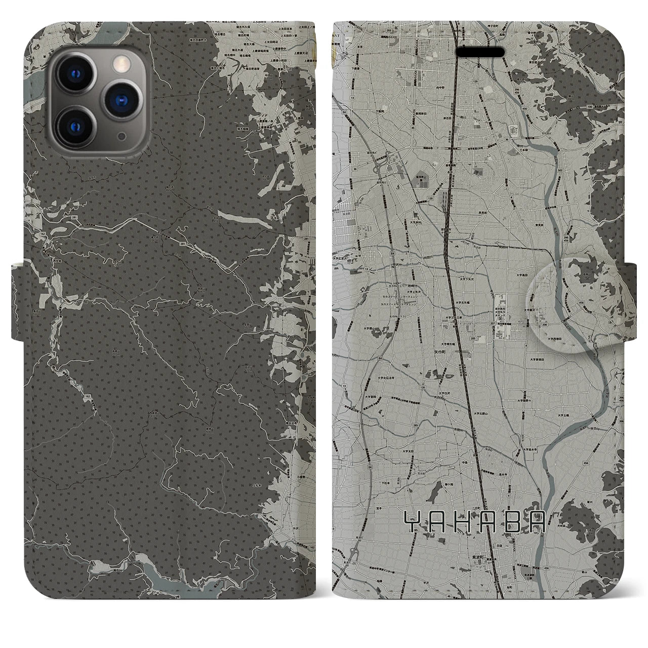 【矢巾】地図柄iPhoneケース（手帳両面タイプ・モノトーン）iPhone 11 Pro Max 用
