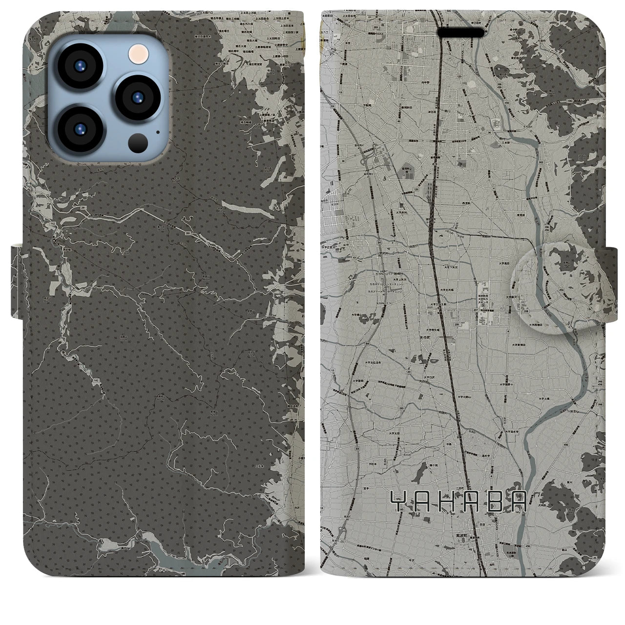 【矢巾】地図柄iPhoneケース（手帳両面タイプ・モノトーン）iPhone 13 Pro Max 用