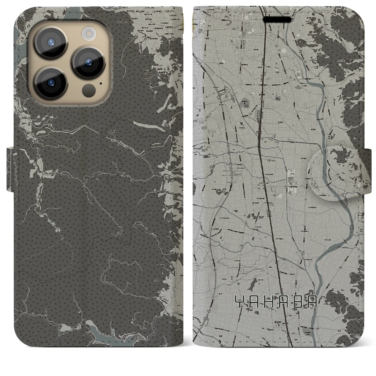 【矢巾】地図柄iPhoneケース（手帳両面タイプ・モノトーン）iPhone 14 Pro Max 用
