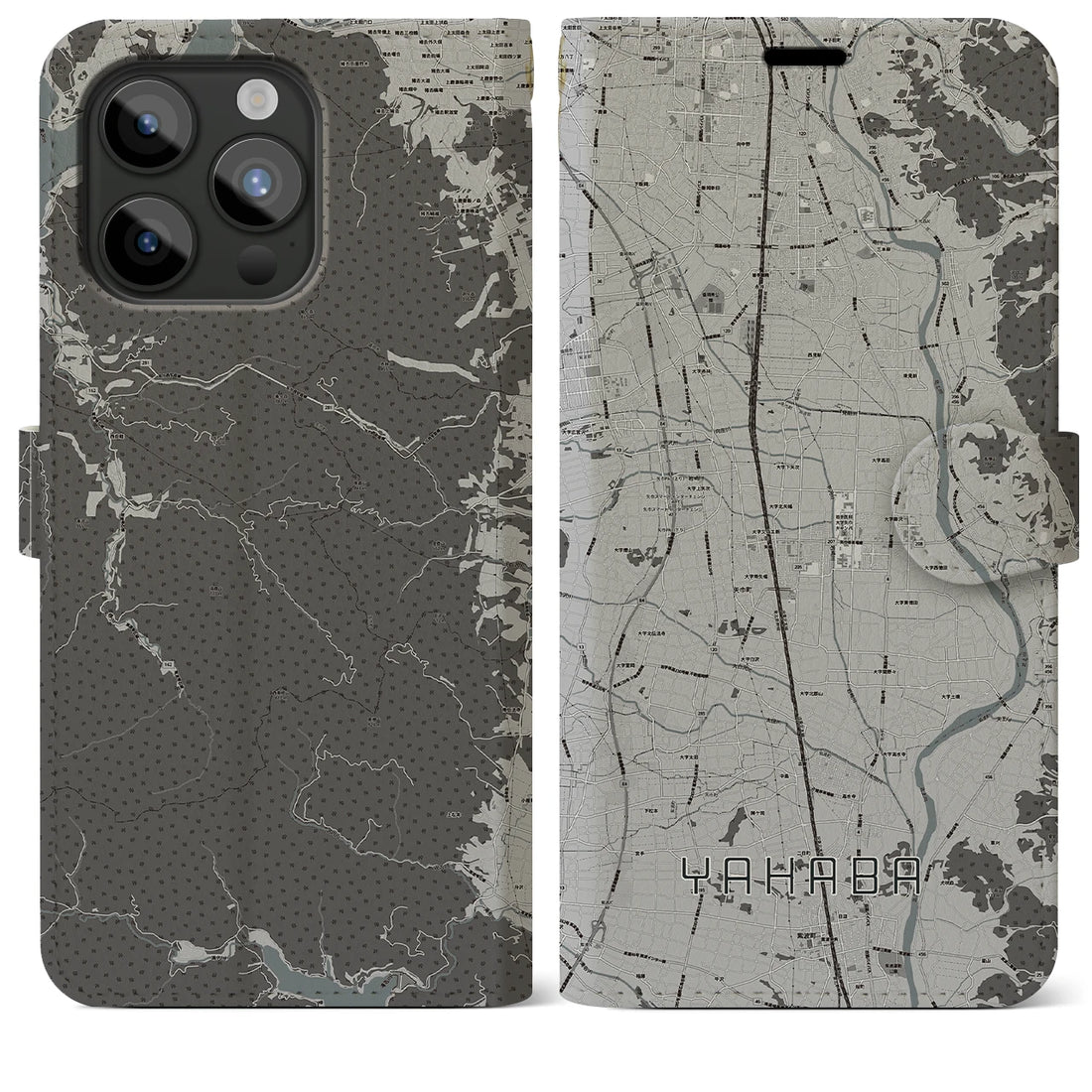 【矢巾】地図柄iPhoneケース（手帳両面タイプ・モノトーン）iPhone 15 Pro Max 用