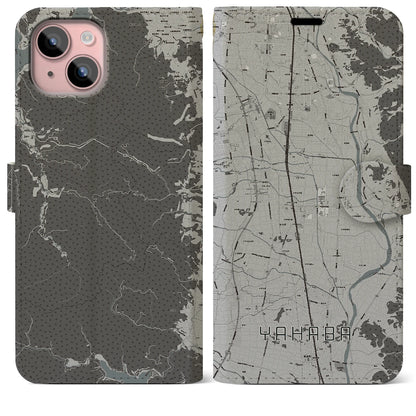 【矢巾（岩手県）】地図柄iPhoneケース（手帳タイプ）モノトーン・iPhone 15 Plus 用