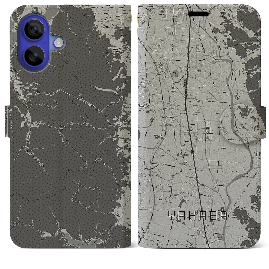 【矢巾(岩手県)】地図柄iPhoneケース(手帳タイプ)モノトーン・iPhone 16 Pro Max 用