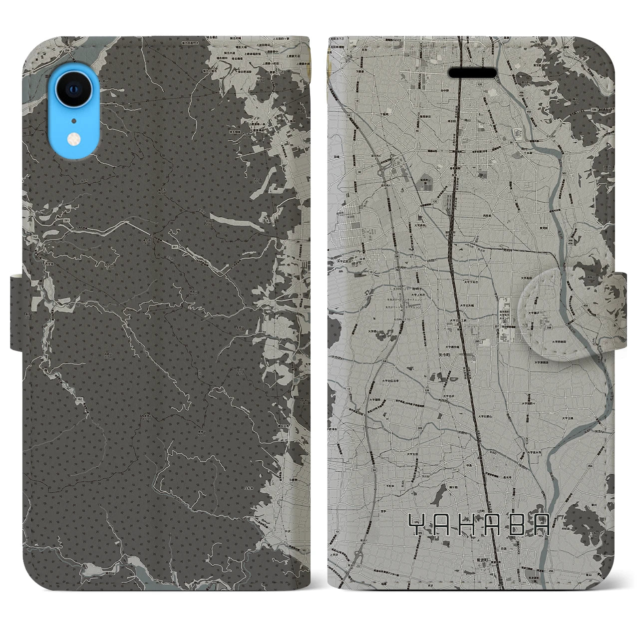【矢巾】地図柄iPhoneケース（手帳両面タイプ・モノトーン）iPhone XR 用