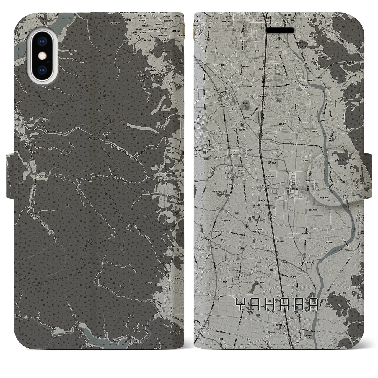 【矢巾】地図柄iPhoneケース（手帳両面タイプ・モノトーン）iPhone XS Max 用
