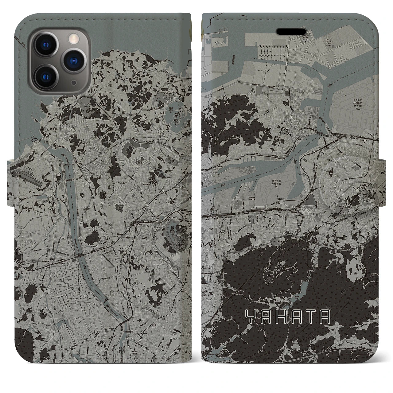 【八幡】地図柄iPhoneケース（手帳両面タイプ・モノトーン）iPhone 11 Pro Max 用