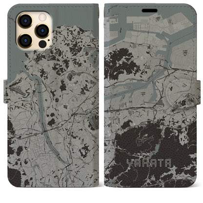 【八幡（福岡県）】地図柄iPhoneケース（手帳タイプ）モノトーン・iPhone 12 Pro Max 用