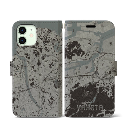 【八幡（福岡県）】地図柄iPhoneケース（手帳タイプ）モノトーン・iPhone 12 mini 用