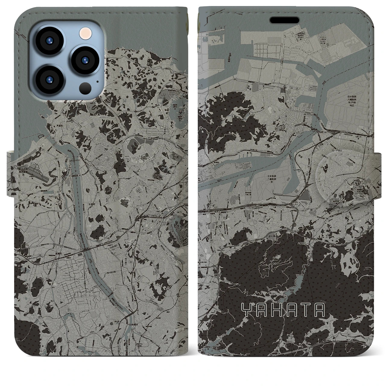 【八幡】地図柄iPhoneケース（手帳両面タイプ・モノトーン）iPhone 13 Pro Max 用