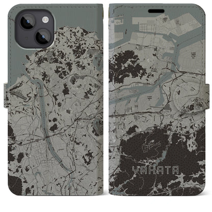 【八幡（福岡県）】地図柄iPhoneケース（手帳タイプ）モノトーン・iPhone 14 Plus 用