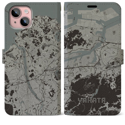 【八幡（福岡県）】地図柄iPhoneケース（手帳タイプ）モノトーン・iPhone 15 Plus 用