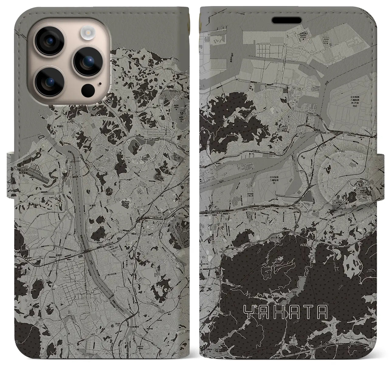 【八幡（福岡県）】地図柄iPhoneケース（手帳タイプ）モノトーン・iPhone 16 Plus 用