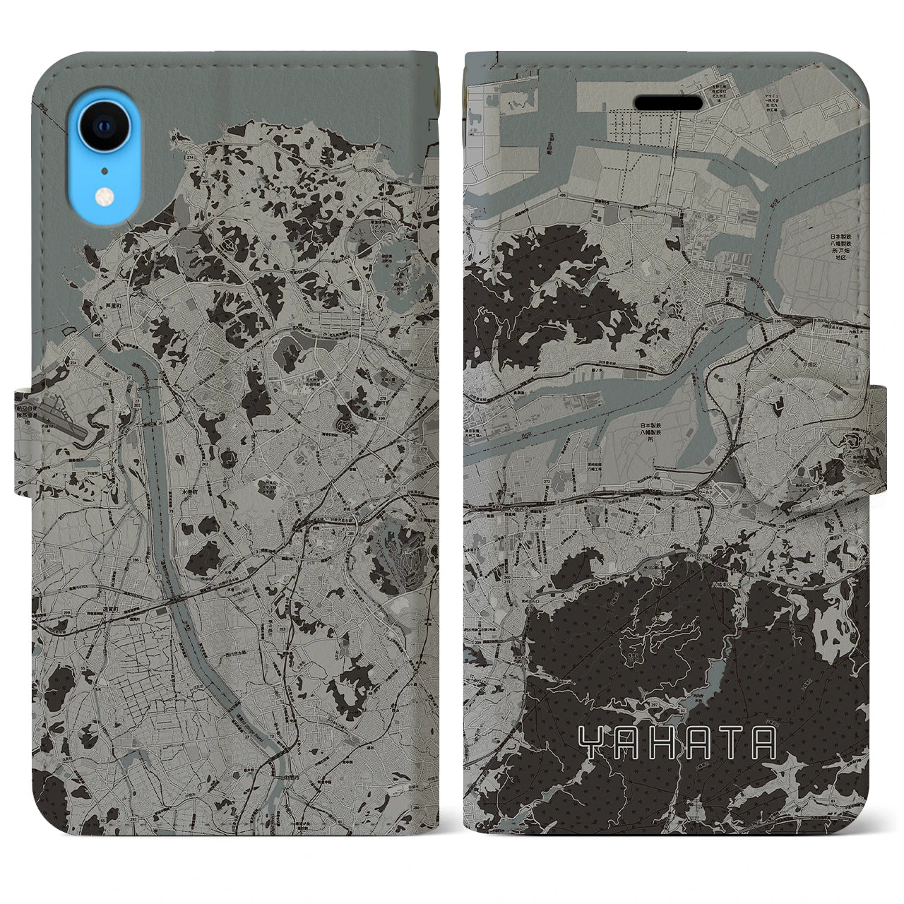【八幡】地図柄iPhoneケース（手帳両面タイプ・モノトーン）iPhone XR 用