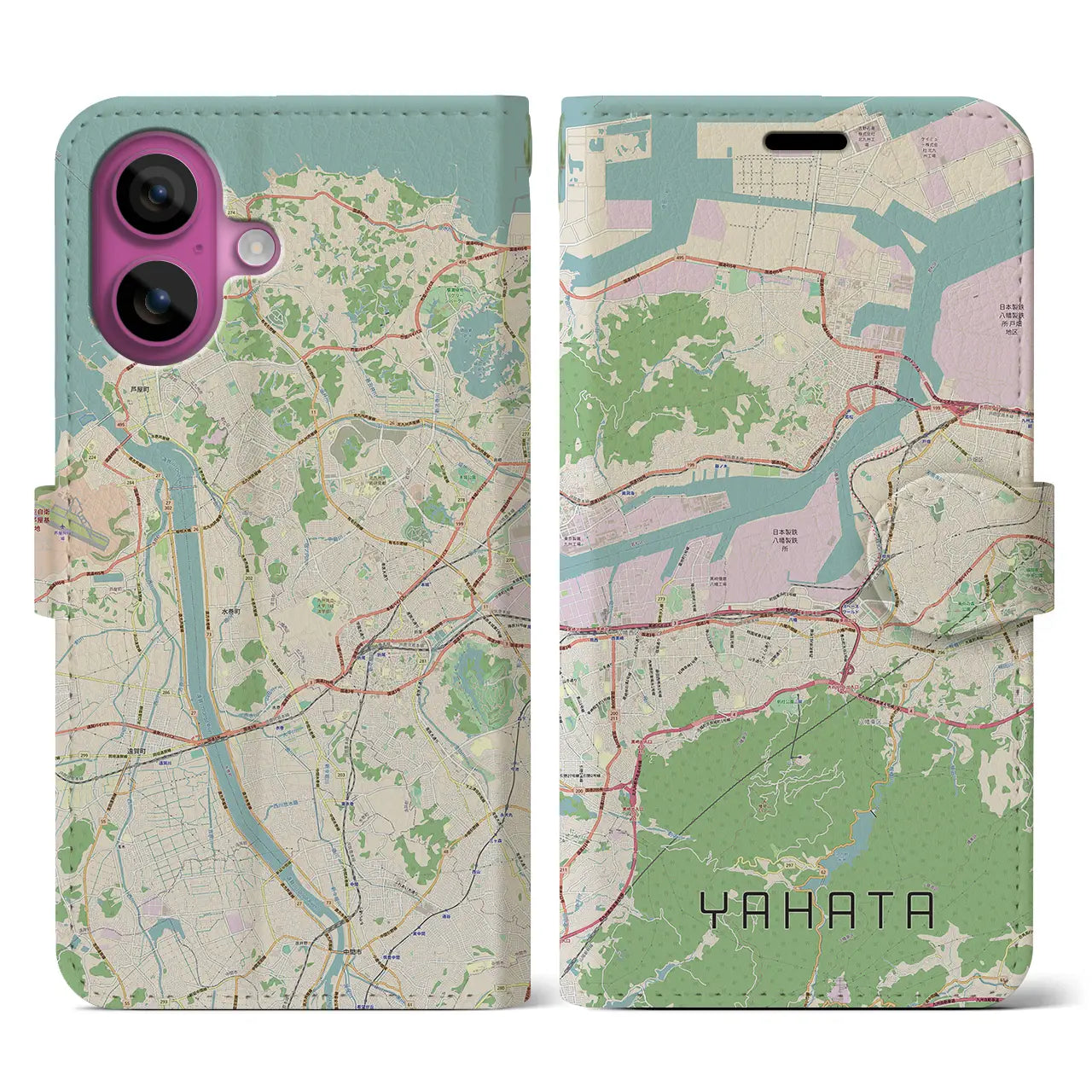 【八幡（福岡県）】地図柄iPhoneケース（手帳タイプ）ナチュラル・iPhone 16 Pro 用