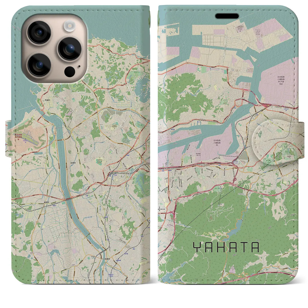 【八幡（福岡県）】地図柄iPhoneケース（手帳タイプ）ナチュラル・iPhone 16 Plus 用