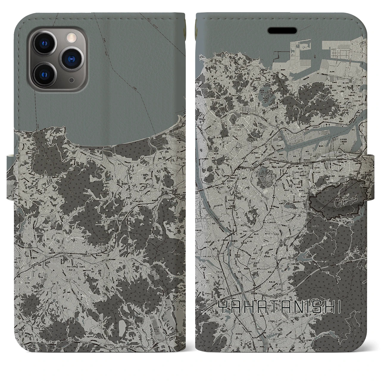 【八幡西】地図柄iPhoneケース（手帳両面タイプ・モノトーン）iPhone 11 Pro Max 用