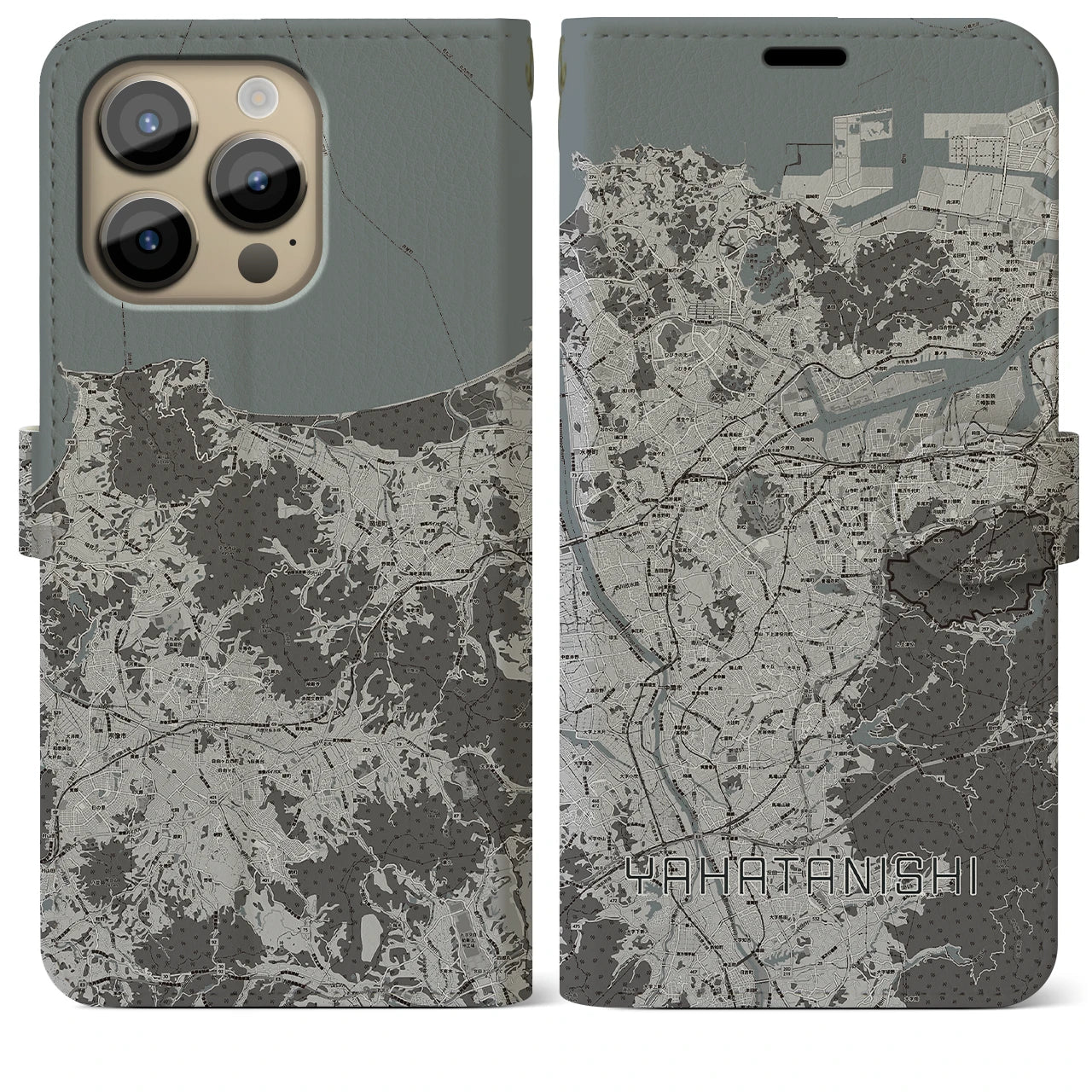 【八幡西】地図柄iPhoneケース（手帳両面タイプ・モノトーン）iPhone 14 Pro Max 用