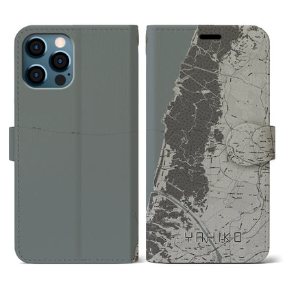 【弥彦（新潟県）】地図柄iPhoneケース（手帳タイプ）モノトーン・iPhone 12 / 12 Pro 用