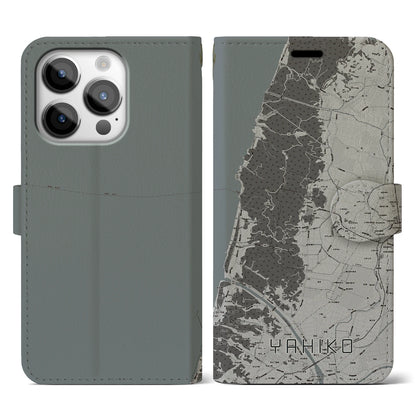 【弥彦（新潟県）】地図柄iPhoneケース（手帳タイプ）モノトーン・iPhone 14 Pro 用