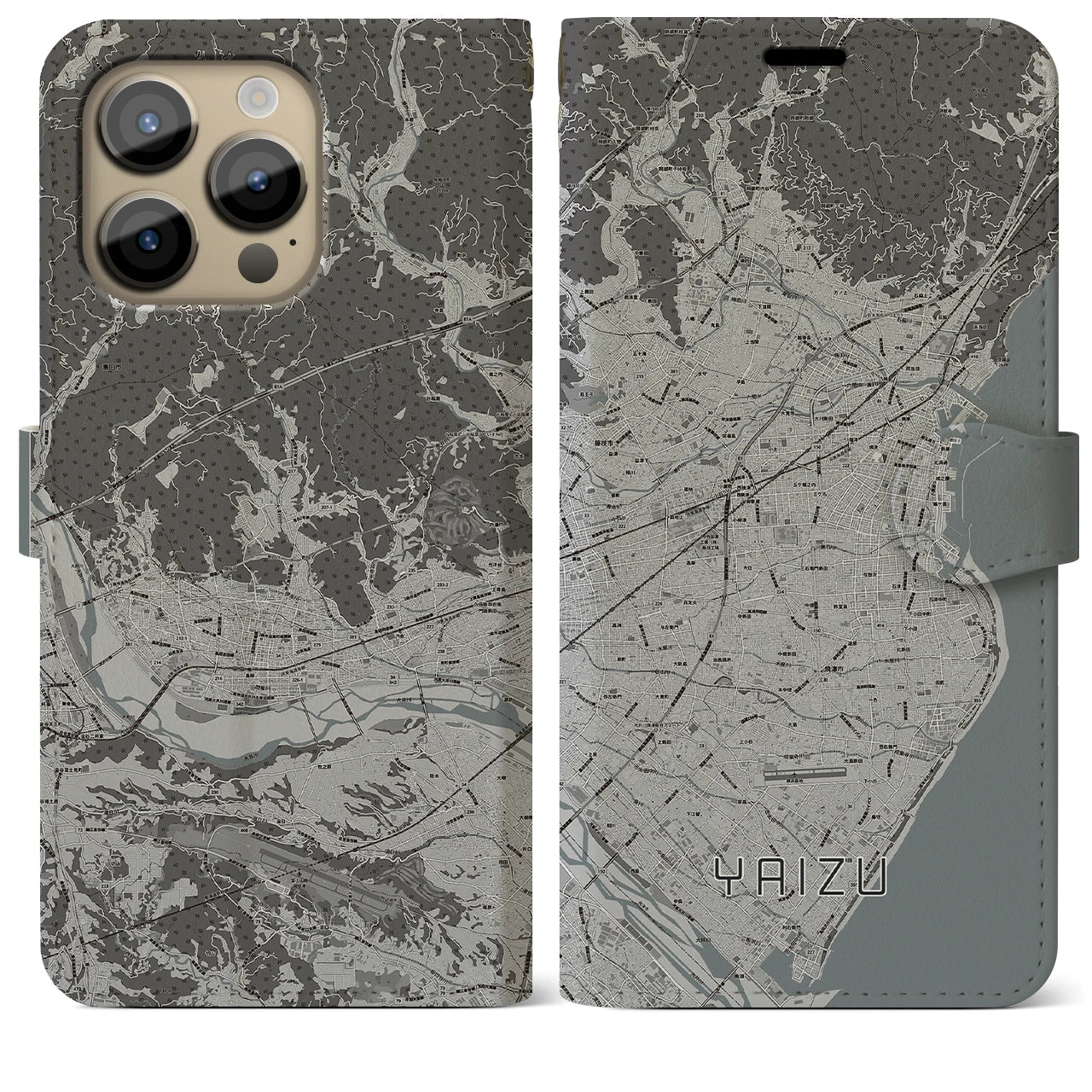 【焼津】地図柄iPhoneケース（手帳両面タイプ・モノトーン）iPhone 14 Pro Max 用
