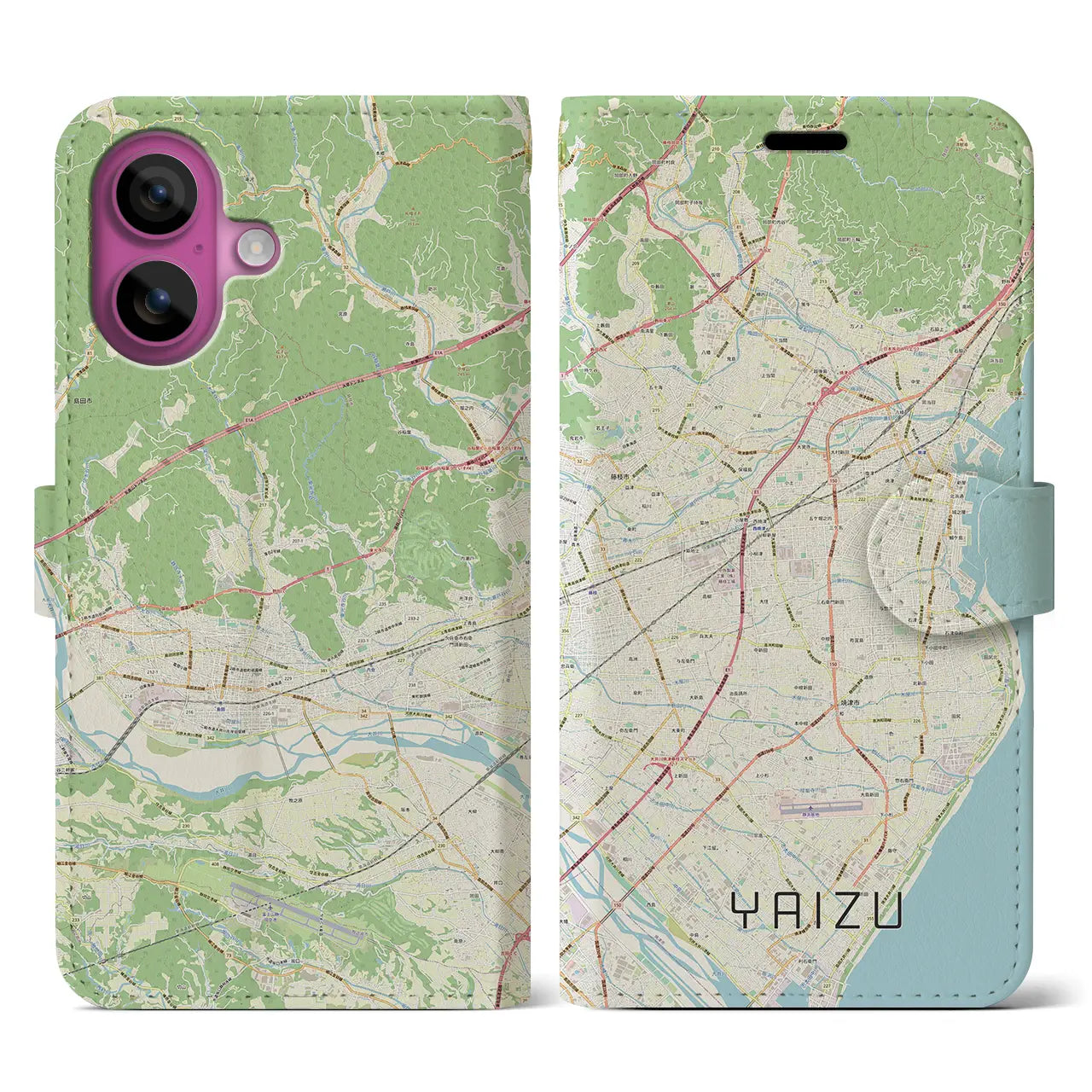 【焼津（静岡県）】地図柄iPhoneケース（手帳タイプ）ナチュラル・iPhone 16 Pro 用