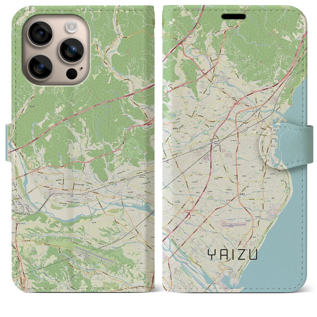 【焼津（静岡県）】地図柄iPhoneケース（手帳タイプ）ナチュラル・iPhone 16 Plus 用