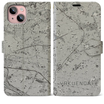 【薬園台（千葉県）】地図柄iPhoneケース（手帳タイプ）モノトーン・iPhone 15 Plus 用