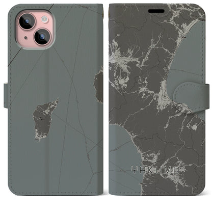 【八雲（北海道）】地図柄iPhoneケース（手帳タイプ）モノトーン・iPhone 15 Plus 用