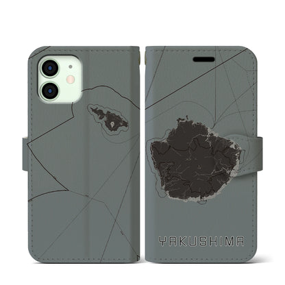 【屋久島（鹿児島県）】地図柄iPhoneケース（手帳タイプ）モノトーン・iPhone 12 mini 用