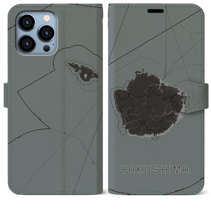 【屋久島（鹿児島県）】地図柄iPhoneケース（手帳タイプ）モノトーン・iPhone 13 Pro Max 用