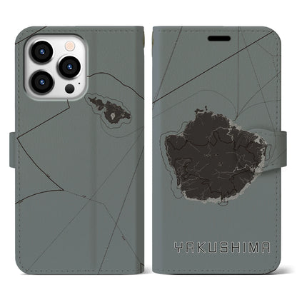 【屋久島（鹿児島県）】地図柄iPhoneケース（手帳タイプ）モノトーン・iPhone 13 Pro 用