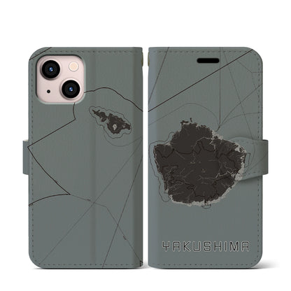 【屋久島（鹿児島県）】地図柄iPhoneケース（手帳タイプ）モノトーン・iPhone 13 mini 用