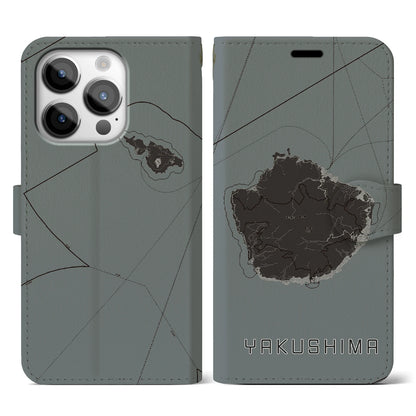 【屋久島（鹿児島県）】地図柄iPhoneケース（手帳タイプ）モノトーン・iPhone 14 Pro 用