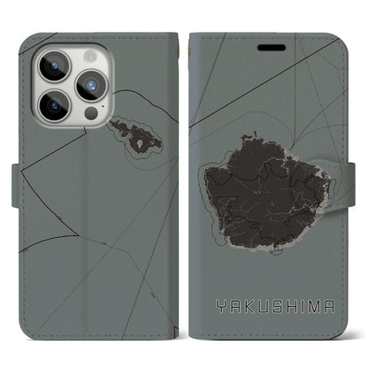 【屋久島（鹿児島県）】地図柄iPhoneケース（手帳タイプ）モノトーン・iPhone 15 Pro 用