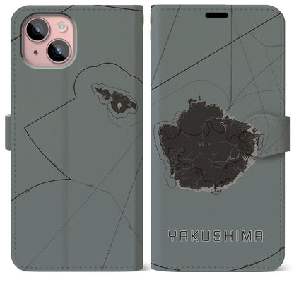 【屋久島（鹿児島県）】地図柄iPhoneケース（手帳タイプ）モノトーン・iPhone 15 Plus 用