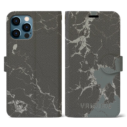【山田（岩手県）】地図柄iPhoneケース（手帳タイプ）モノトーン・iPhone 12 / 12 Pro 用