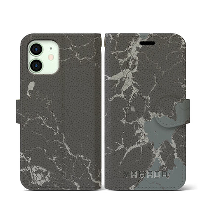 【山田（岩手県）】地図柄iPhoneケース（手帳タイプ）モノトーン・iPhone 12 mini 用