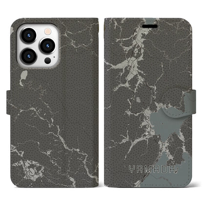 【山田（岩手県）】地図柄iPhoneケース（手帳タイプ）モノトーン・iPhone 13 Pro 用