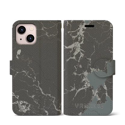 【山田（岩手県）】地図柄iPhoneケース（手帳タイプ）モノトーン・iPhone 13 mini 用