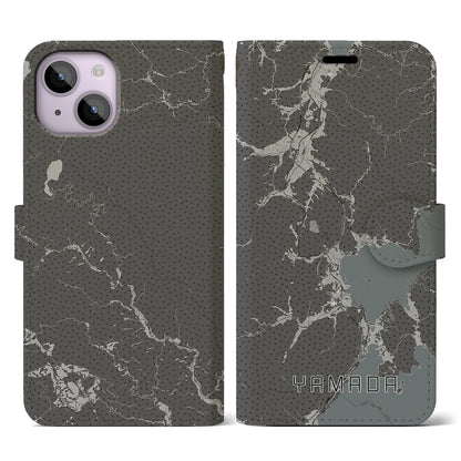 【山田（岩手県）】地図柄iPhoneケース（手帳タイプ）モノトーン・iPhone 14 用