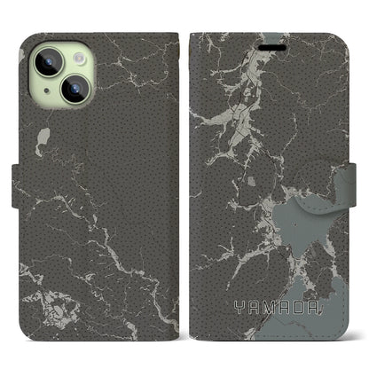 【山田（岩手県）】地図柄iPhoneケース（手帳タイプ）モノトーン・iPhone 15 用