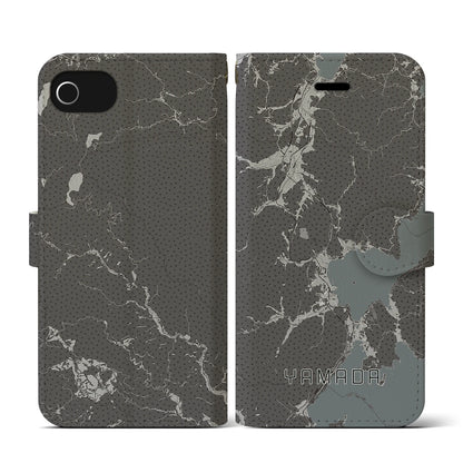 【山田（岩手県）】地図柄iPhoneケース（手帳タイプ）モノトーン・iPhone SE（第3 / 第2世代） / 8 / 7 / 6s / 6 用